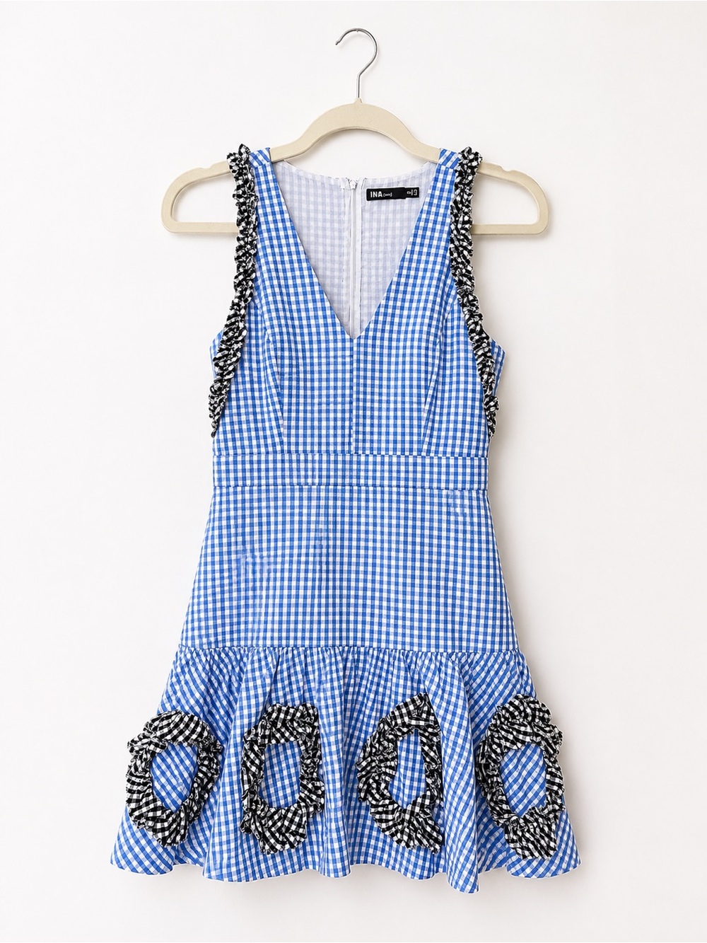 Blue Gingham Ruffle Fit and Flare Mini Dress with Contrast Trim